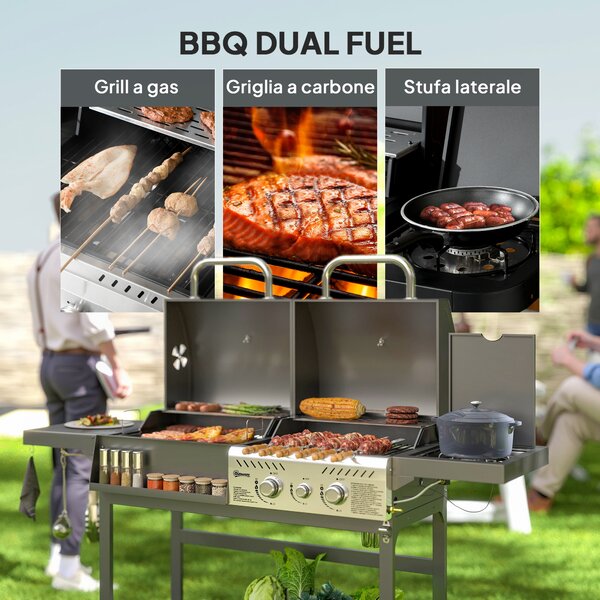 Outsunny Barbecue a Carbone e Gas con 3 Bruciatori e Coperchio, Termometro, Ruote e Ripiani, Nero