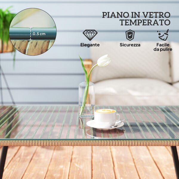 Outsunny Tavolino da Giardino in Rattan PE con Piano in Vetro e Acciaio, 110x60x40 cm, Legno Naturale