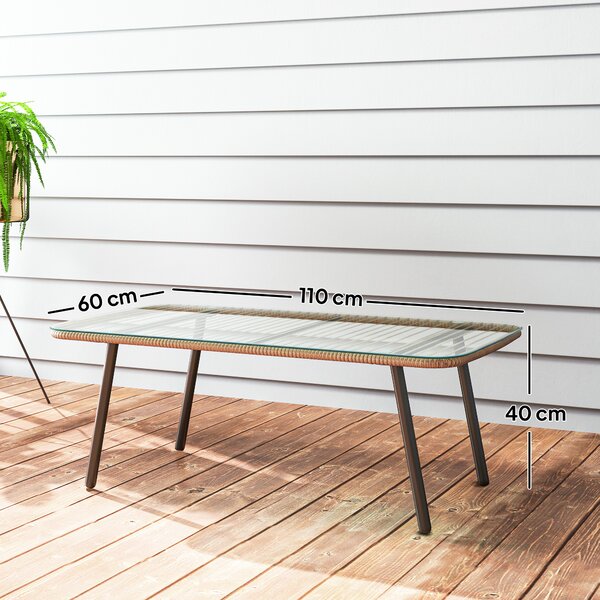 Outsunny Tavolino da Giardino in Rattan PE con Piano in Vetro e Acciaio, 110x60x40 cm, Legno Naturale