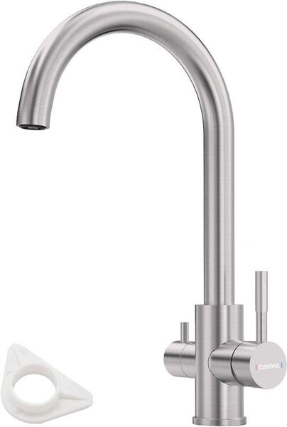 Rubinetto per cucina 3-in-1 con 2 Liver, Rubinetto per acqua a 360°, Acciaio inossidabile, Doppio funzionamento, Per acqua fredda, calda e potabile, Finitura spazzolata