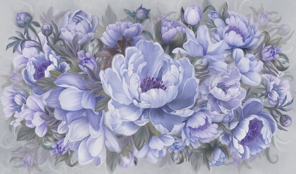 Carta da parati Pittura di fiori e foglie, Carta da parati Peonie, Carta da parati popolare, w01966v1 - Tapeko.it