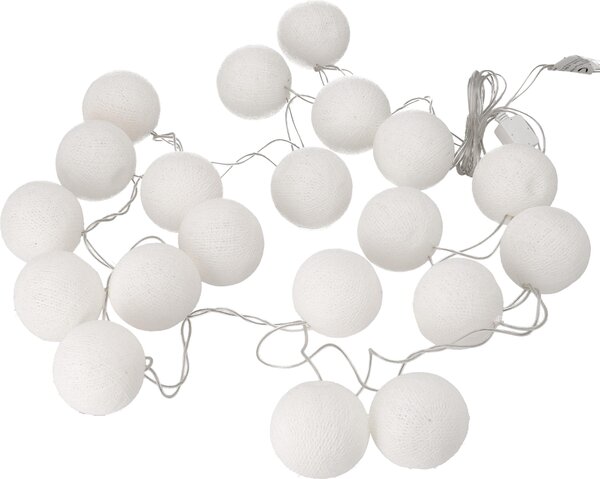 Catena luminosa con sfere di tessuto, 20 luci LED a forma di sfera, colore bianco, realizzata con fili di cotone, dimensioni 7x7x350 cm, ideale per decorazioni luminose