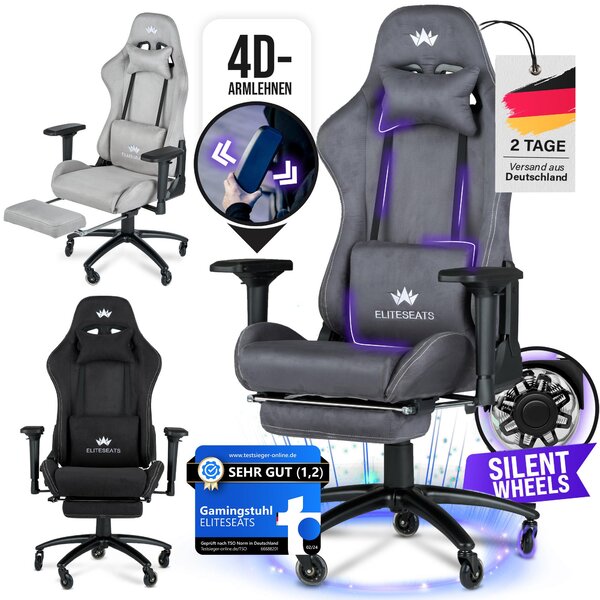 ELITESEATS Sedia da gioco ergonomica [rotelle antigraffio, traspirante] incl. braccioli 4D, con poggiapiedi | Sedia da gioco ergonomica in tessuto 150KG