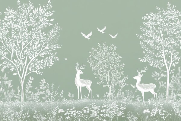 Carta da parati foresta con cervi nello stile di un disegno a gesso su sfondo verde, Carta da parati Natura, w02444 : Uwalls.it