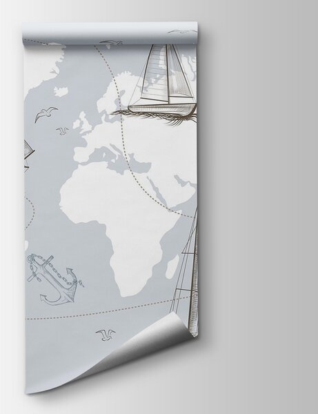 Carta da parati Mappa del mondo con diverse navi, Carta da parati Natura, Carta da parati popolare, w02507 - Tapeko.it