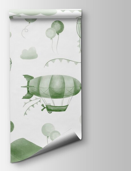 Carta da parati Sfondo verde e bianco con palloncini e montagne, Carta da parati Mongolfiere, Carta da parati popolare, w08765v3 - Tapeko.it