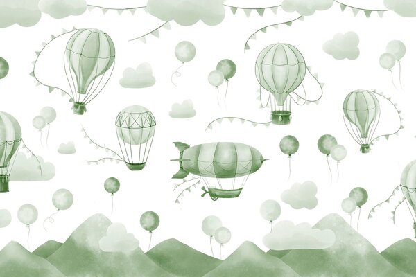 Carta da parati Sfondo verde e bianco con palloncini e montagne, Carta da parati Mongolfiere, Carta da parati popolare, w08765v3 - Tapeko.it