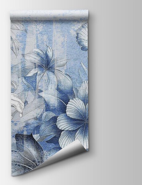 Carta da parati Delicate fioriture in tenui tonalità di blu, Carta da parati acquerello sul muro, Carta da parati popolare, w08767v1 - Tapeko.it