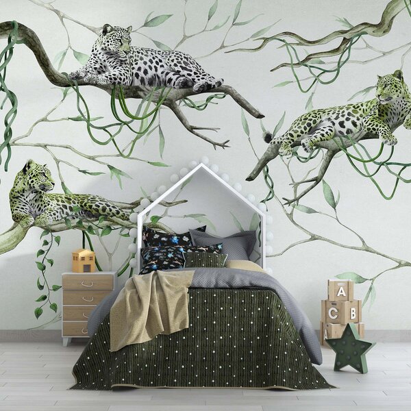 Carta da parati Gruppo di leopardi sdraiati sui rami, Carta da parati Giungla, Carta da parati popolare, w03146v1 - Tapeko.it