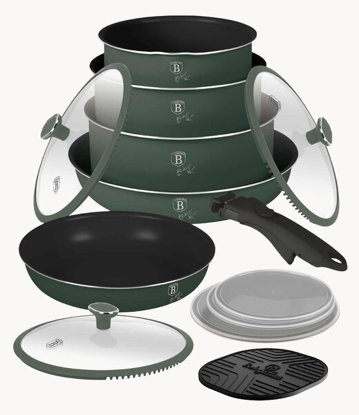 Batteria di pentole in alluminio con rivestimento antiaderente verde opaco, set da 13