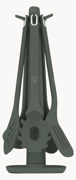 Set di 6 utensili da cucina in silicone verde opaco con supporto