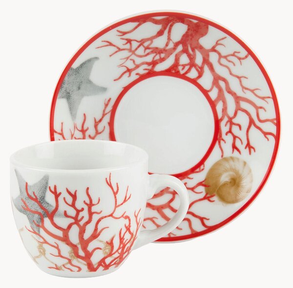 Set di 6 tazzine e piattini in porcellana Coral
