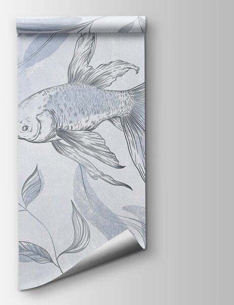 Carta da parati Disegno di un pesce e di piante, Carta da parati acquerello sul muro, Carta da parati popolare, w03517v2 - Tapeko.it