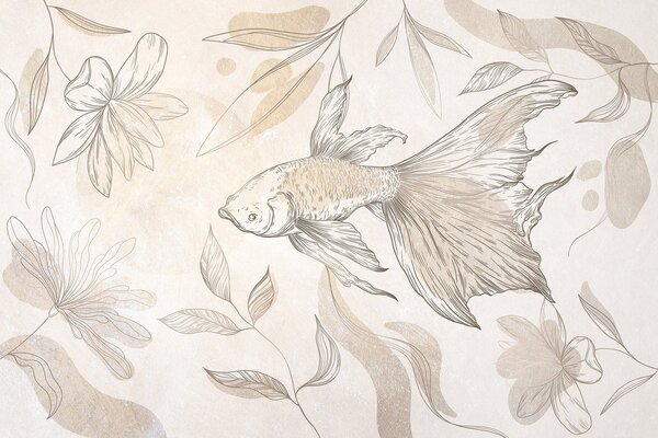 Carta da parati Elegante pesce tra disegni floreali, Carta da parati acquerello sul muro, Carta da parati popolare, w03517 - Tapeko.it