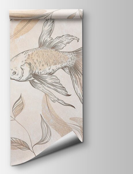 Carta da parati Elegante pesce tra disegni floreali, Carta da parati acquerello sul muro, Carta da parati popolare, w03517 - Tapeko.it