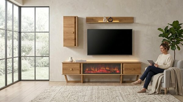 Mobile TV a parete, pensile, ripiano, stile moderno, colore marrone, camino