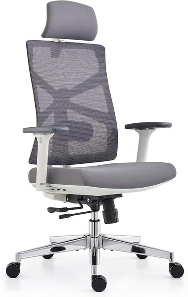 Silecomplaza: Sedia da ufficio ergonomica con schienale adattivo, sedia da scrivania con braccioli 4D, profondità della seduta regolabile, supporto lombare e poggiatesta 2D, poltrona direzionale in rete traspirante, colore bianco