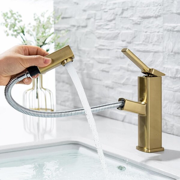 Miscelatore monocomando per lavabo con doccetta estraibile, per acqua calda e fredda, con beccuccio estendibile e girevole, finitura champagne spazzolata