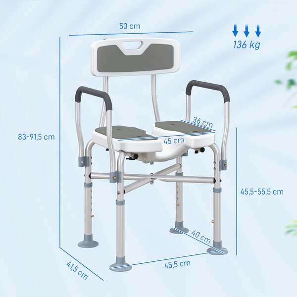 HOMCOM Sedia da doccia regolabile con schienale e braccioli antiscivolo, 136 kg, Grigio | Aosom Italy