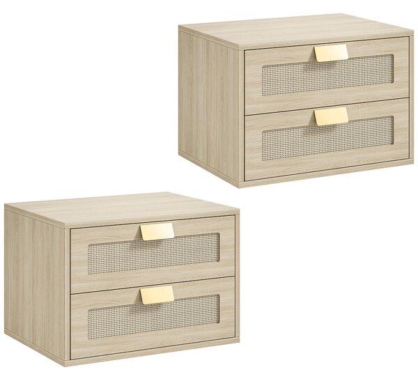 HOMCOM Set 2 comodini sospesi con 2 cassetti e ripiano effetto rattan, Rovere | Aosom Italy