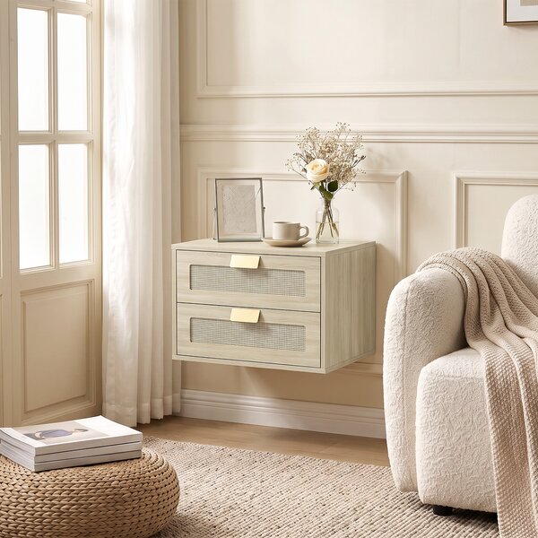 HOMCOM Set 2 comodini sospesi con 2 cassetti e ripiano effetto rattan, Rovere | Aosom Italy