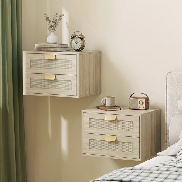 HOMCOM Set 2 comodini sospesi con 2 cassetti e ripiano effetto rattan, Rovere | Aosom Italy