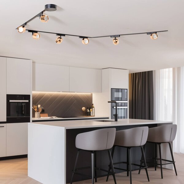 Sistema a binario Lumaro, faretti, 7 luci, oro, Ø8cm,48V,dimmerabile Lumaro 48V Lindby, dimmerabile, Nero, Soggiorno / Sala da pranzo, Plastica, Moderno