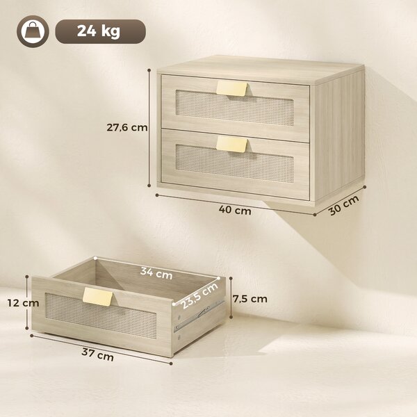 HOMCOM Set 2 comodini sospesi con 2 cassetti e ripiano effetto rattan, Rovere | Aosom Italy