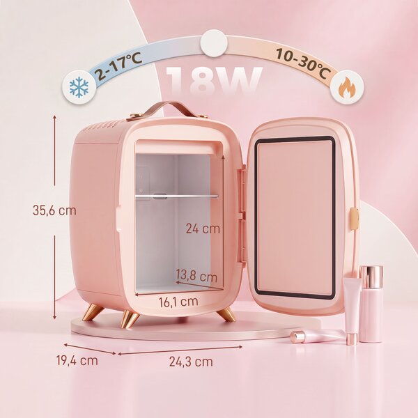 HOMCOM Frigorifero per cosmetici 6 L con porta a specchio e luci LED regolabili, Rosa | Aosom Italy