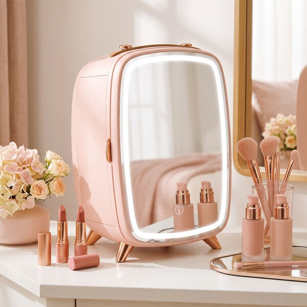HOMCOM Frigorifero per cosmetici 6 L con porta a specchio e luci LED regolabili, Rosa | Aosom Italy