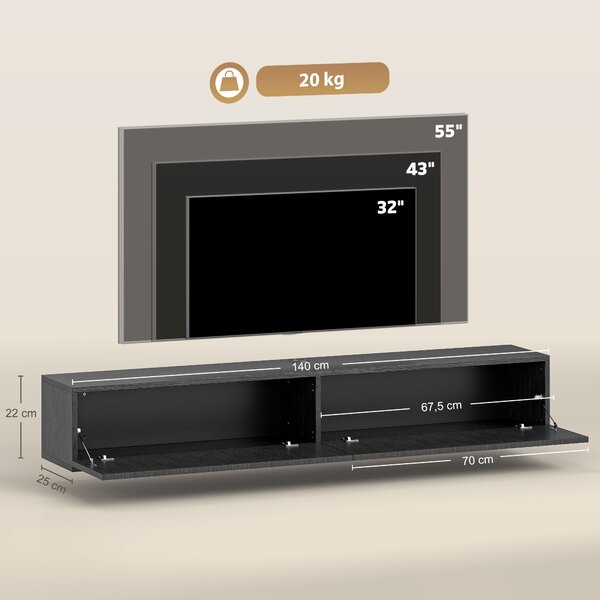 HOMCOM Mobile TV sospeso con 2 ante ribaltabili, 140x25x22 cm, Nero | Aosom Italy