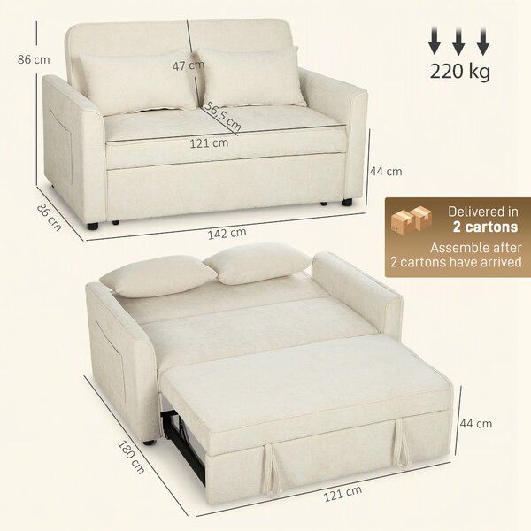 HOMCOM Divano letto 2 posti 3 in 1 clic clac in ciniglia, schienale regolabile, 142 cm, Beige | Aosom Italy