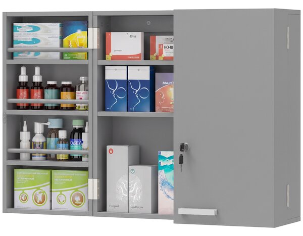 HOMCOM Armadietto per medicinali da parete con 2 ante, 4 ripiani e 2 chiavi, Grigio | Aosom Italy
