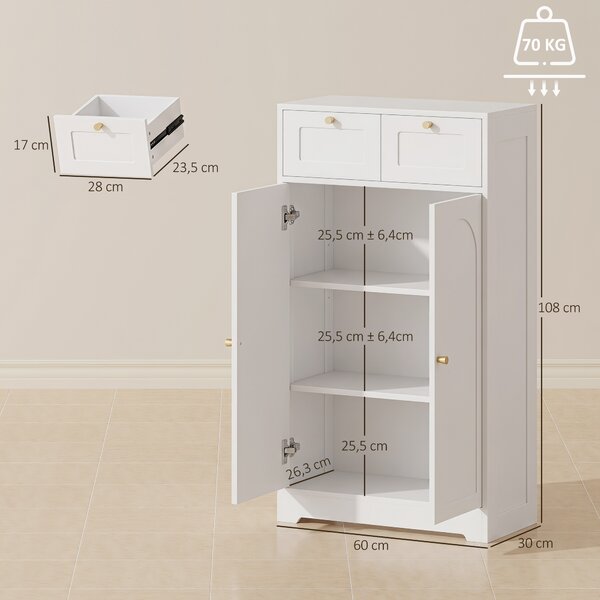HOMCOM Mobile bagno stretto con 2 cassetti e ripiano regolabile, 60x30x108 cm, Bianco | Aosom Italy