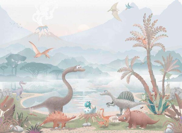 Carta da parati Gruppo di dinosauri vicino a un lago, Carta da parati i Dinosauri, Carta da parati popolare, u60040v2 - Tapeko.it