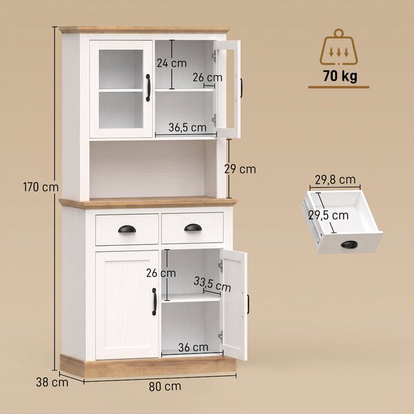 HOMCOM Buffet alto da cucina con 2 ante in vetro, 2 cassetti e ripiani regolabili, Bianco | Aosom Italy