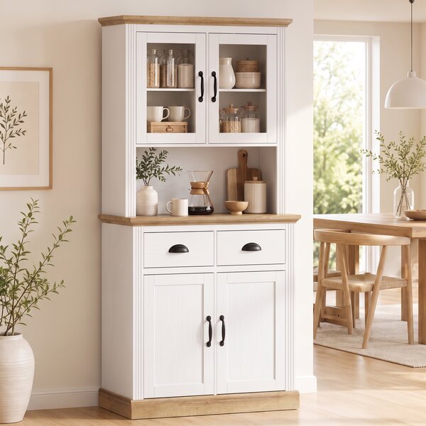HOMCOM Buffet alto da cucina con 2 ante in vetro, 2 cassetti e ripiani regolabili, Bianco | Aosom Italy