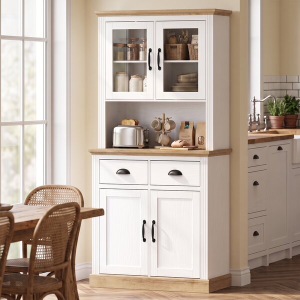 HOMCOM Buffet alto da cucina con 2 ante in vetro, 2 cassetti e ripiani regolabili, Bianco | Aosom Italy