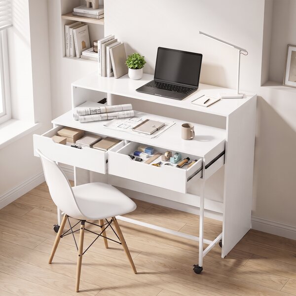 HOMCOM Scrivania per computer estensibile 100 cm con 2 cassetti e contenitore, Bianco | Aosom Italy