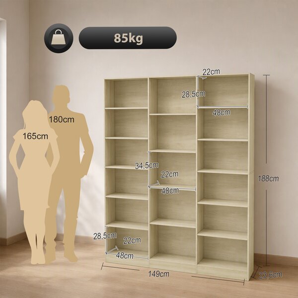 HOMCOM Libreria 6 livelli con 17 scomparti e ripiani regolabili, 149x23.6x188 cm, Rovere | Aosom Italy