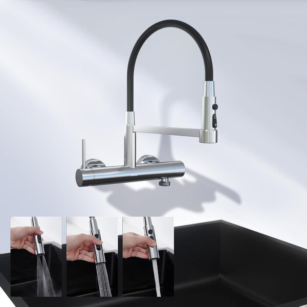 Miscelatore da cucina da montare a parete, attacco da 3/4 di pollice per lavastoviglie e lavatrice, acciaio inossidabile, 3 tipi di getto, erogatore flessibile, colore argento, lunghezza 385 mm