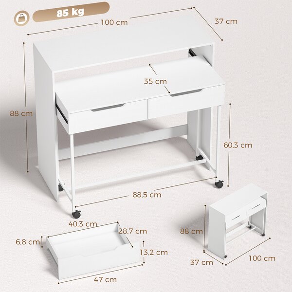 HOMCOM Scrivania per computer estensibile 100 cm con 2 cassetti e contenitore, Bianco | Aosom Italy