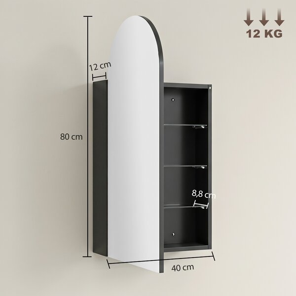 HOMCOM Armadietto bagno con specchio ad arco e ripiani regolabili, Nero | Aosom Italy