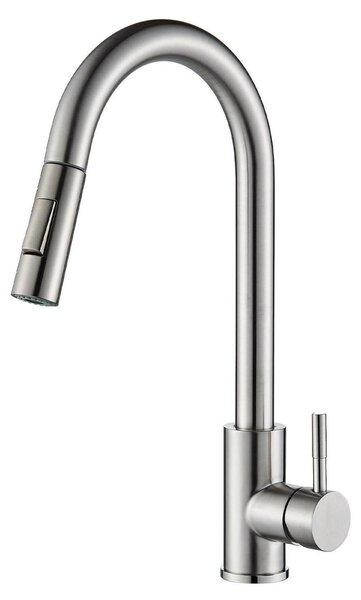 Rubinetto da cucina estraibile, in acciaio inossidabile spazzolato, finitura cromata, girevole a 360°, con 2 getti e miscelatore monocomando