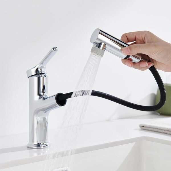 Miscelatore monocomando per lavabo con doccetta estraibile, 2 getti, finitura cromata, diametro 196 mm