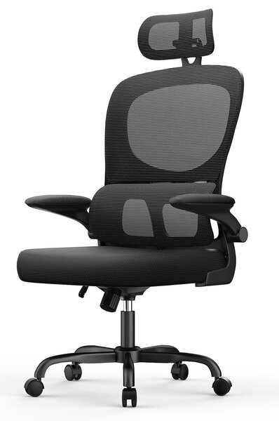Sedia da ufficio ergonomica con poggiatesta e braccioli regolabili, schienale reclinabile a 120°, supporto lombare autoadattabile, nera