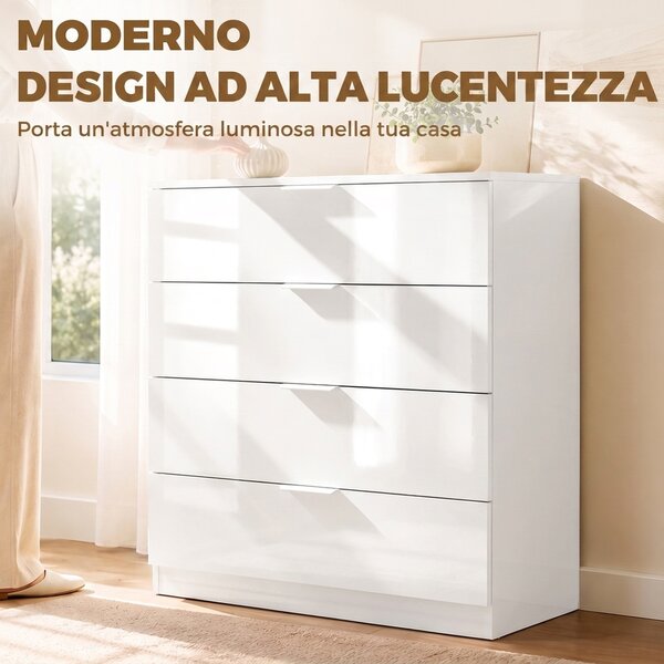 HOMCOM Cassettiera Bianca Lucida con 4 Cassetti e Guide Scorrevoli | Aosom Italy