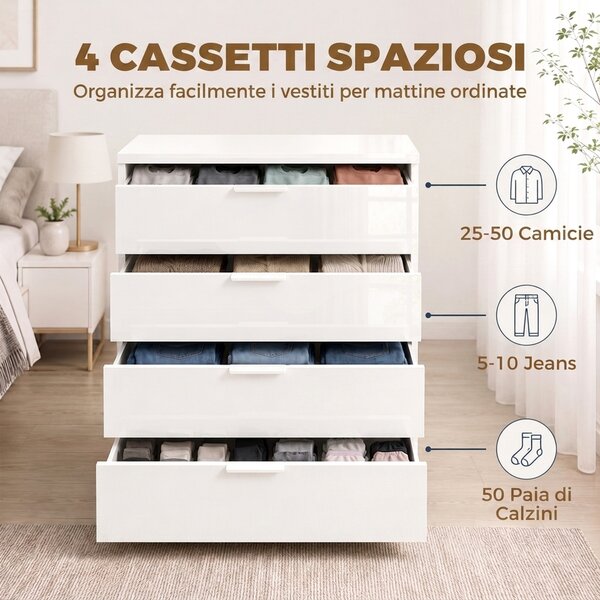 HOMCOM Cassettiera Bianca Lucida con 4 Cassetti e Guide Scorrevoli | Aosom Italy