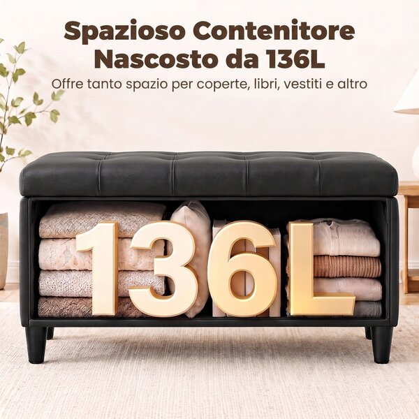 HOMCOM Cassapanca 136L Pouf Contenitore Poggiapiedi Grande 110x41x42cm, Finta Pelle adatta agli Animali Domestici, Nero | Aosom Italy