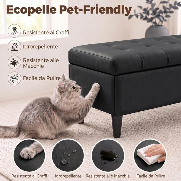 HOMCOM Cassapanca 136L Pouf Contenitore Poggiapiedi Grande 110x41x42cm, Finta Pelle adatta agli Animali Domestici, Nero | Aosom Italy